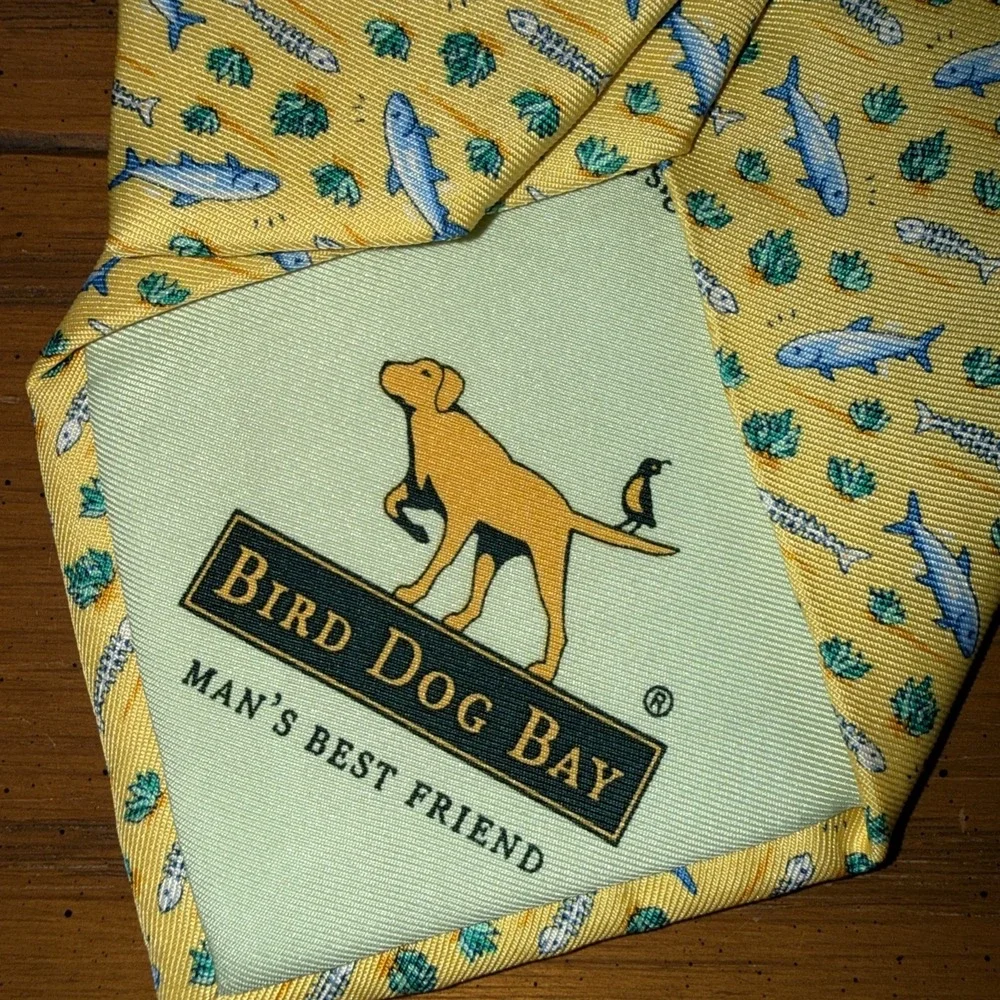 Bird Dog Bay‎ Men's Yellow Silk Tie With Fish Handmade USA Hand Drawn